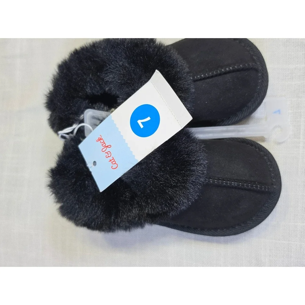Cat & Jack Toddler Girls Black Faux Fur Trim Suede Slippers Size 7 NWT